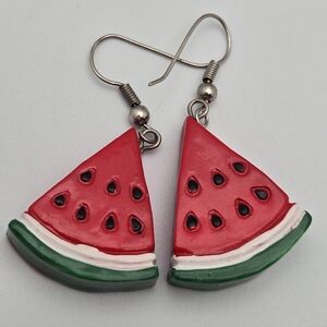 ✨2/$10✨ Handpainted Wood Watermelon Slice Dangle Earrings 2" Cute